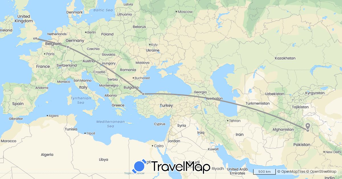 TravelMap itinerary: driving, plane in Germany, United Kingdom, Pakistan, Turkey (Asia, Europe)